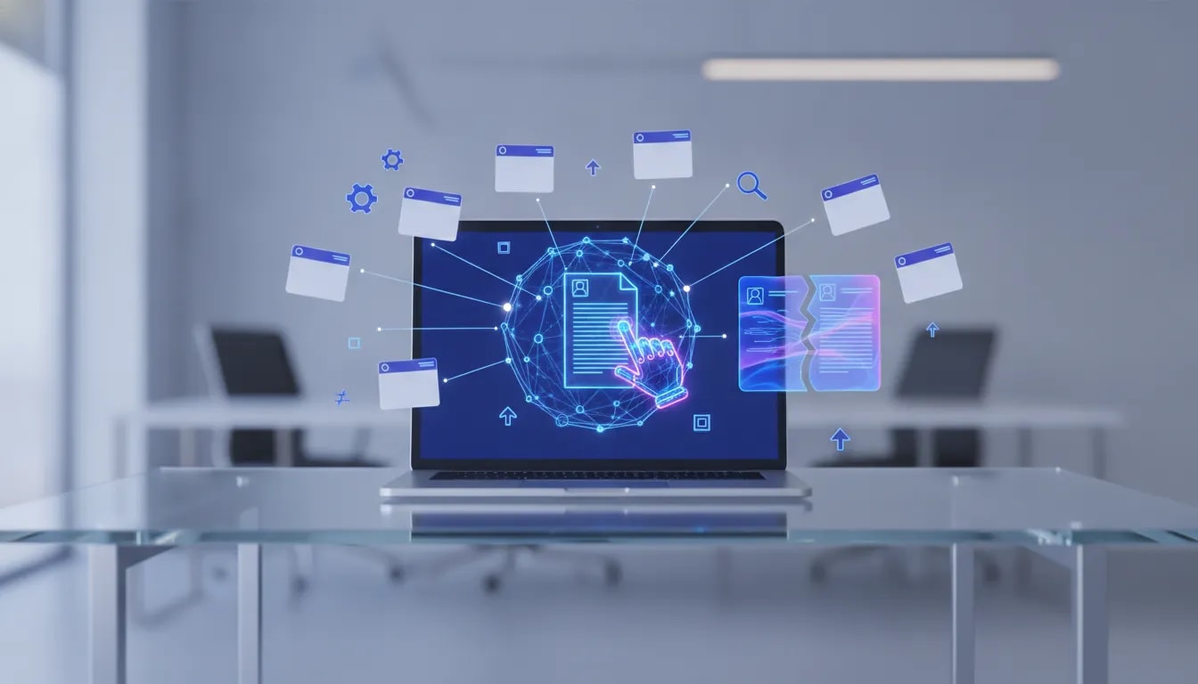 Illustration of an AI resume builder and job search workflow customizing a résumé and cover letter using interconnected tech icons, representing faster applications in 2026.