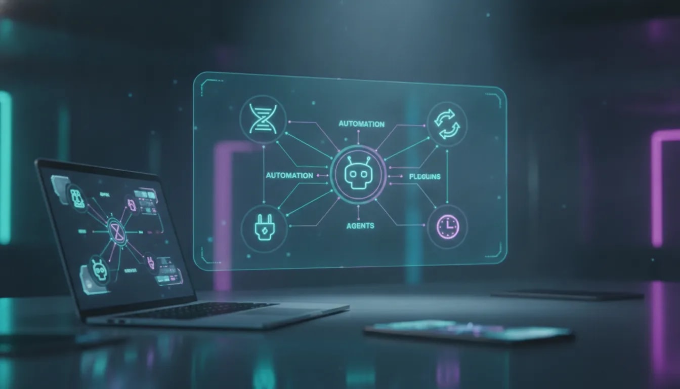 Futuristic illustration of an AI workspace with holographic icons representing sync, automation, agents, plugins, and scheduling—no text.