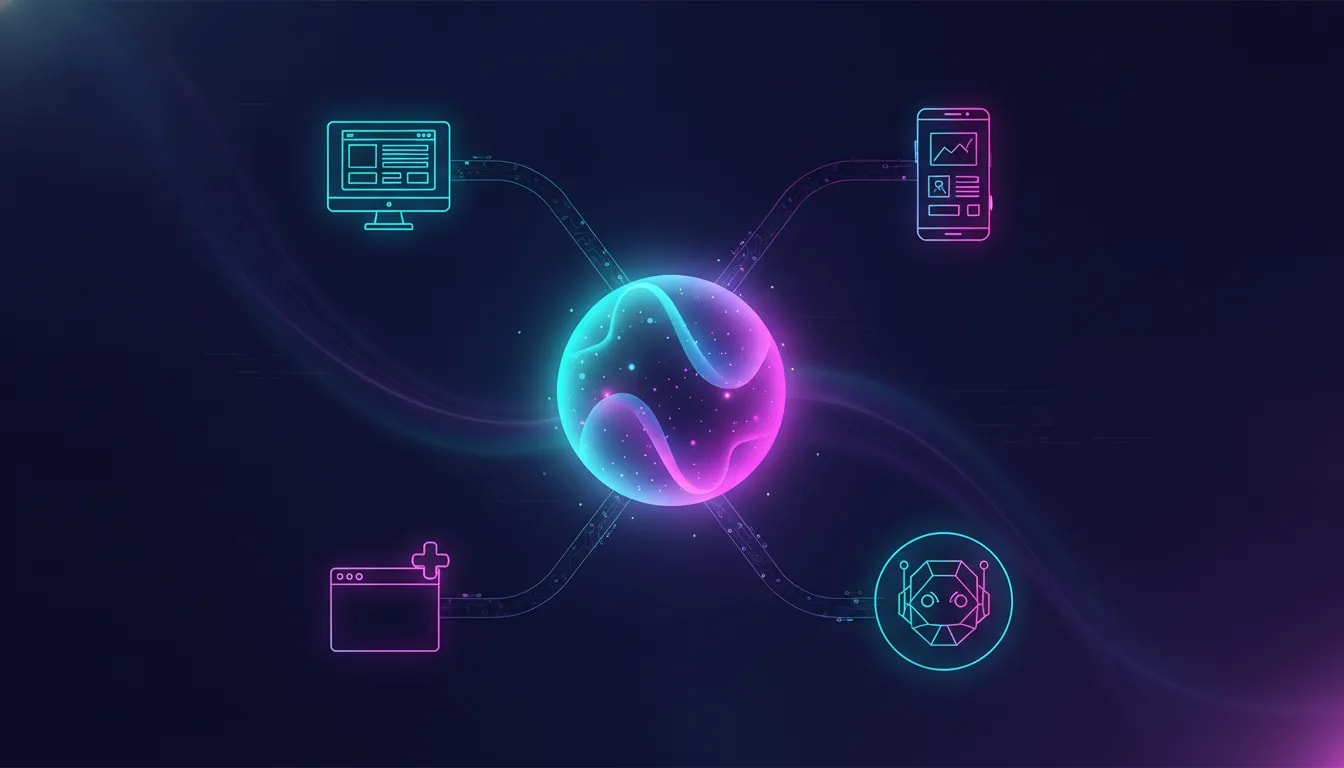 Neon illustration showing an all-in-one AI coding hub connecting website, mobile app, browser extension, and AI agent concepts without any text.