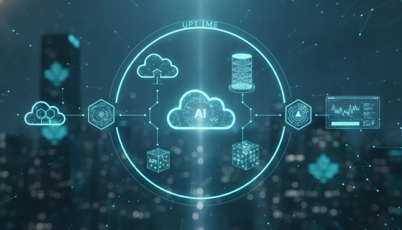 Glowing always-on AI infrastructure concept showing an abstract prompt flowing through cloud servers, secure access, databases, and a live deployment dashboard to represent persistent, hosted products