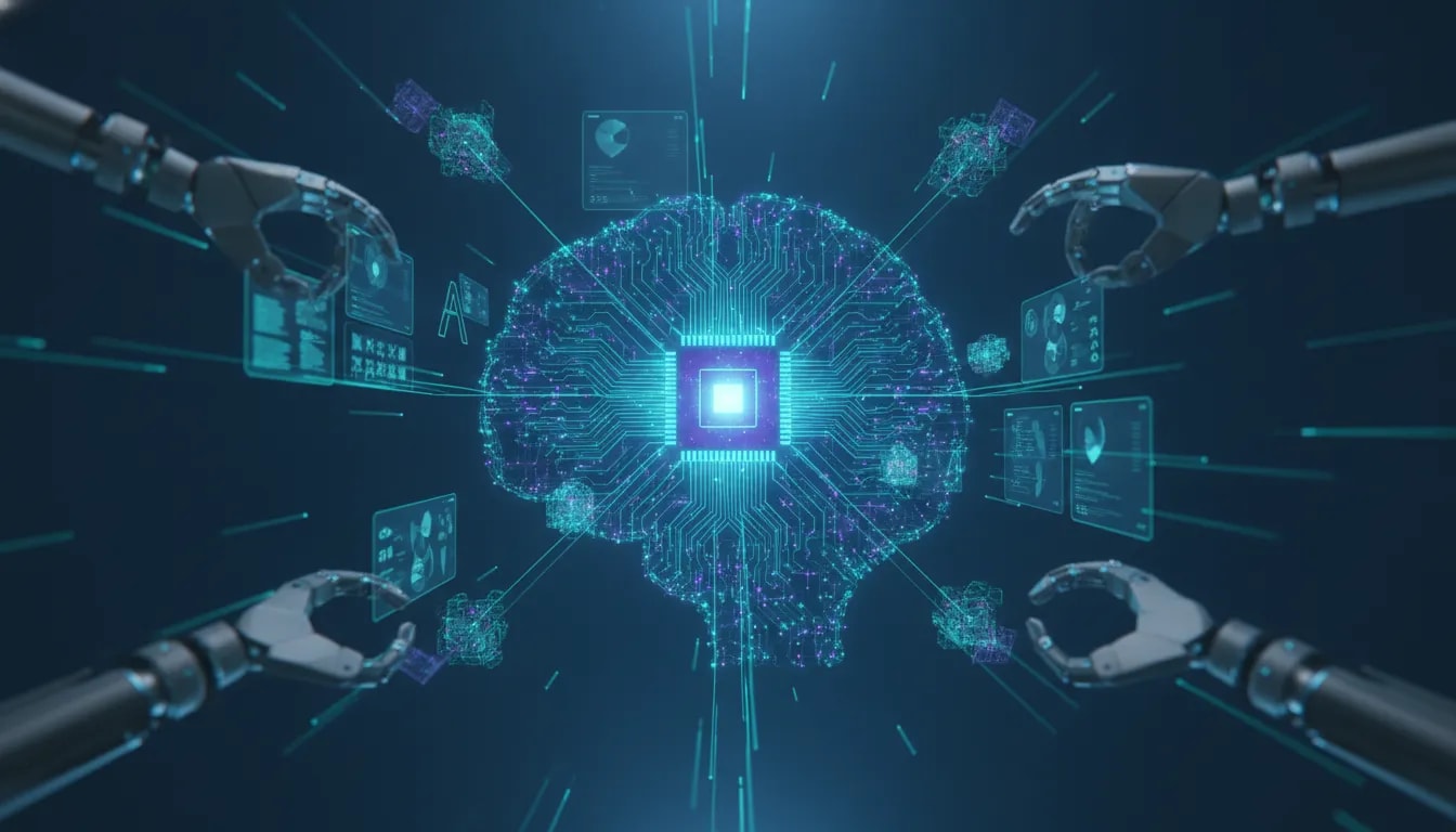 Futuristic illustration of interconnected AI networks showing automated AI research progress, with smaller model nodes collaborating toward a central intelligence core