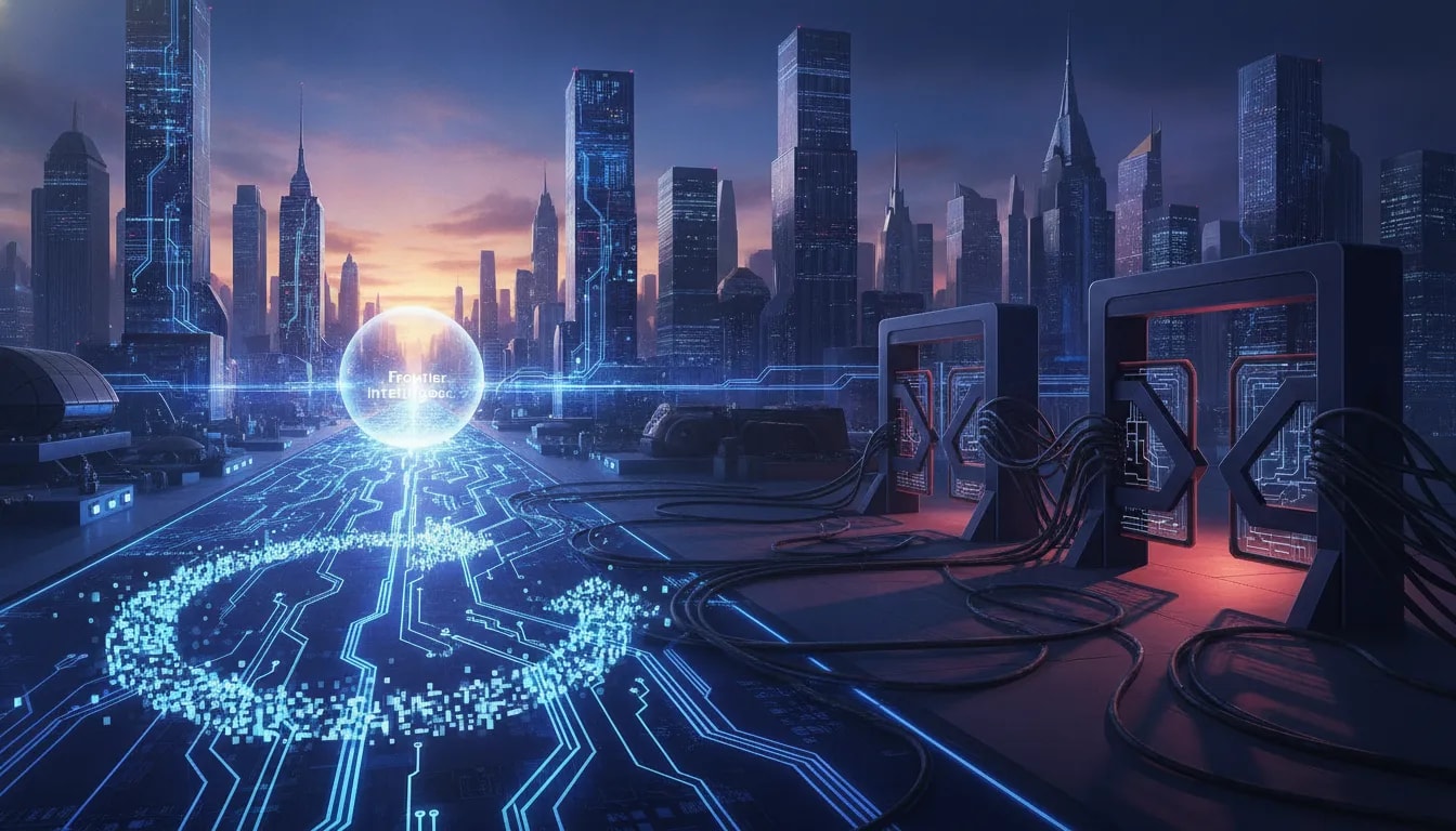 Cinematic illustration of AI access inequality in Canada, with glowing open network pathways contrasted against restricted, locked nodes and a returning pixelated circuit loop.