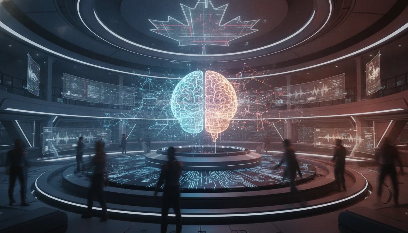 Holographic AI network and futuristic circuitry in a Canadian tech-themed scene symbolizing competitive frontier model progress with no text.