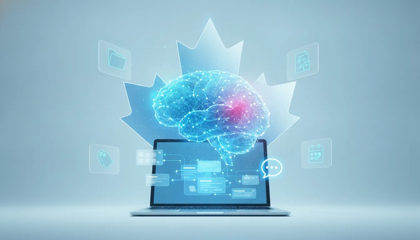Illustration of a Canadian-themed AI second brain with holographic nodes organizing personal knowledge and providing instant answers