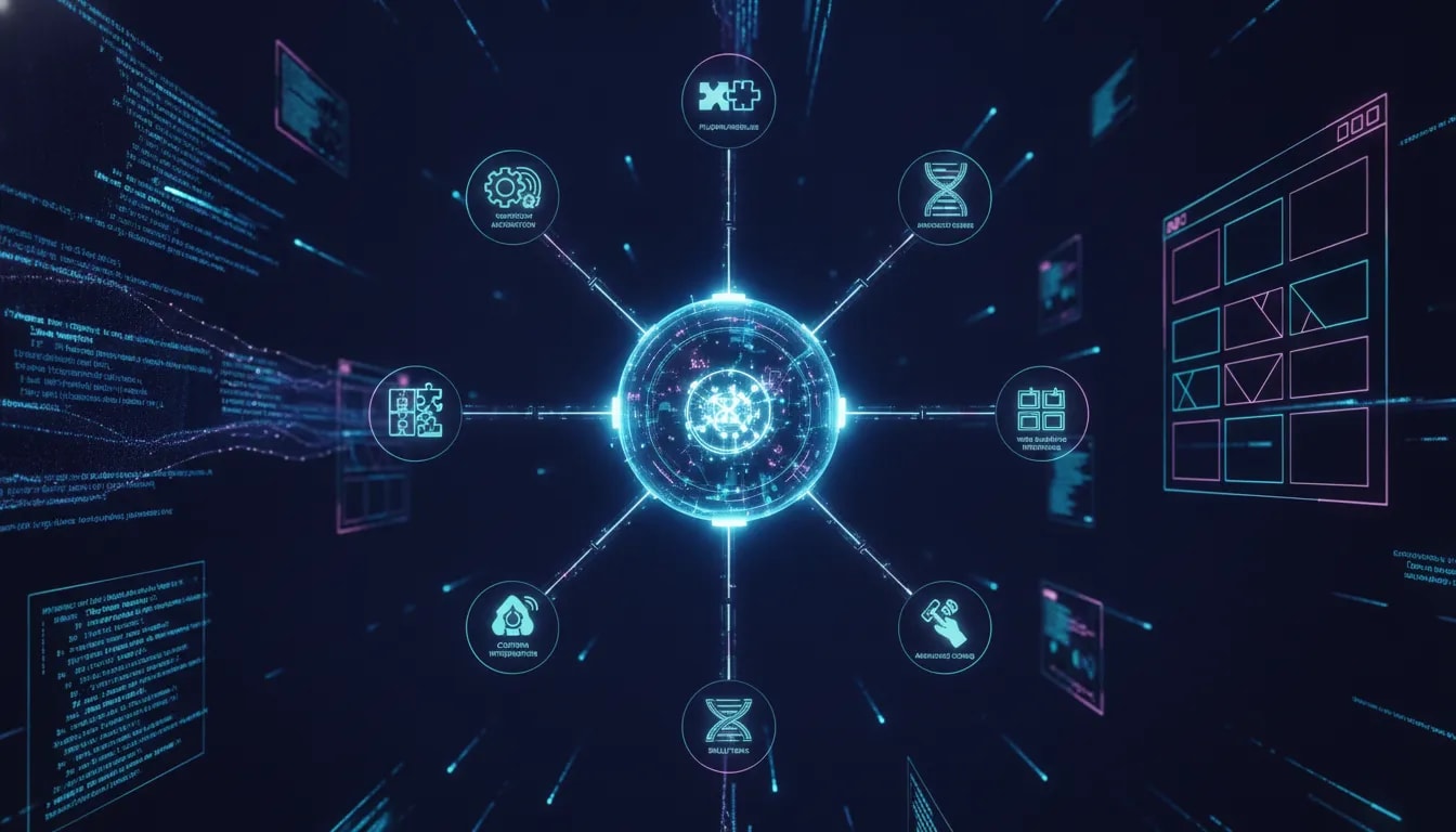 Futuristic holographic AI system showing connected modules for automation, plugins, integrations, skills, web building, and advanced execution—no text.