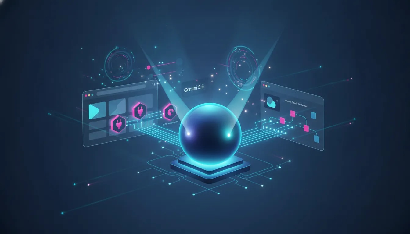 Futuristic illustration of an AI core connected to browser tabs, tool connectors, and a workspace action network, symbolizing fast Gemini 3.6 updates and automation.