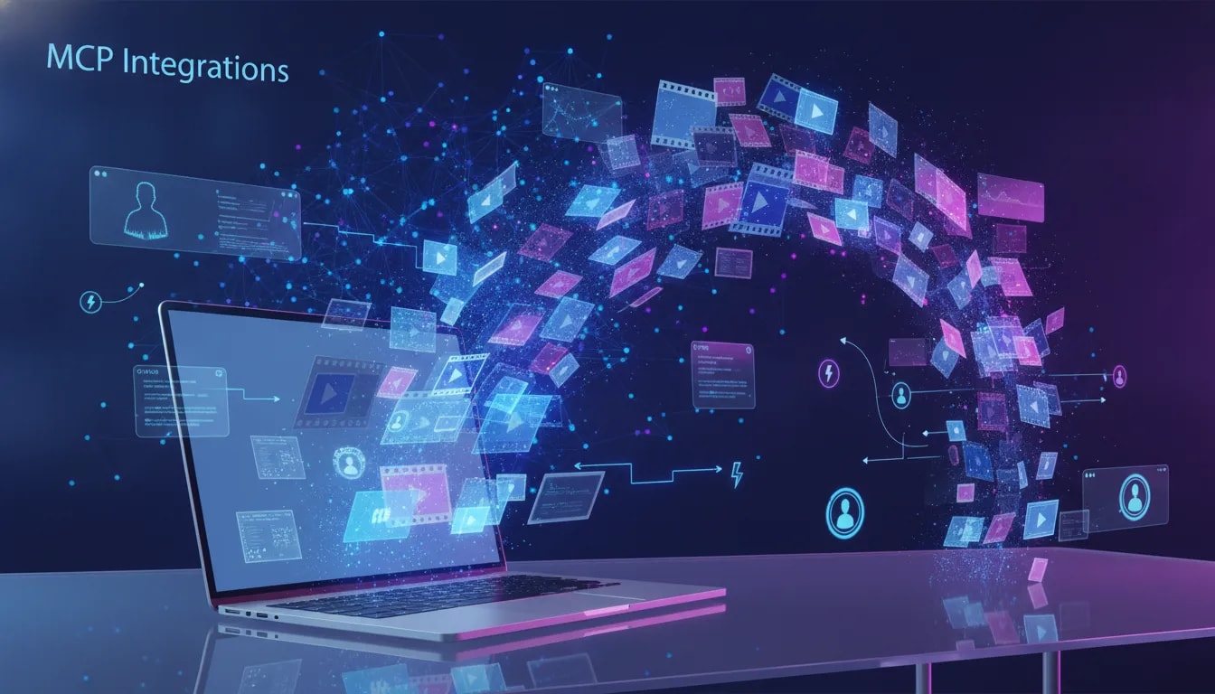 Futuristic illustration of a notebook transforming into short video frames with glowing network nodes representing AI connections and automation features, no text