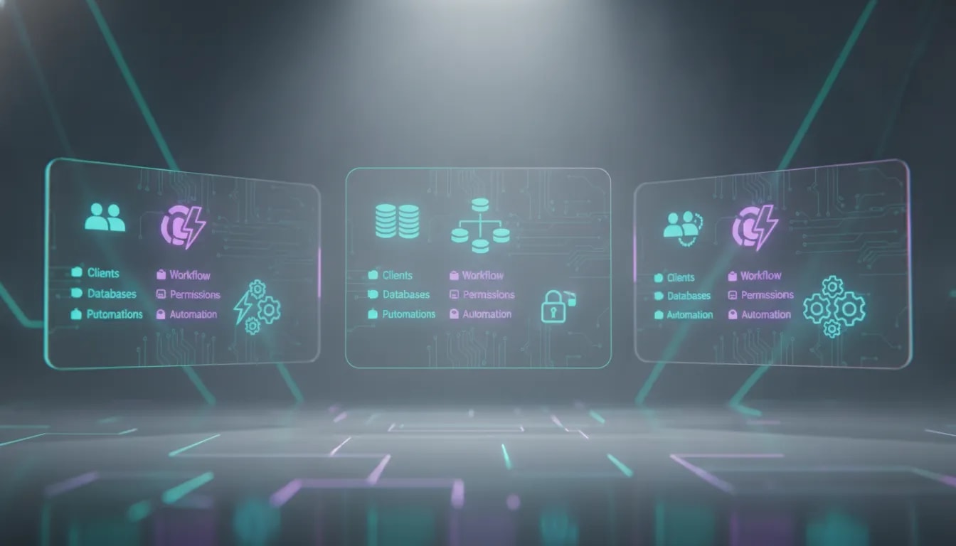 Futuristic dashboard illustration showing three AI app builder panels with abstract icons for clients, databases, workflows, permissions, and automation.