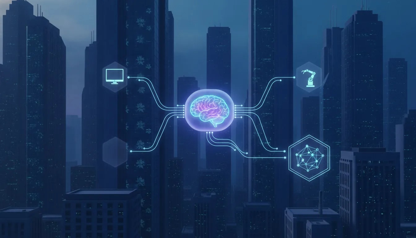 Futuristic illustration of a glowing AI core with connected agent threads extending to computer, automation, and research network elements, suggesting autonomous research and persistent AI skills in a modern Canadian tech atmosphere.