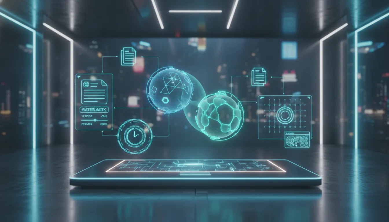 Futuristic illustration of two AI assistants collaborating with holographic controls representing watermark settings, research timeline history, browser automation, and document editing—no text.