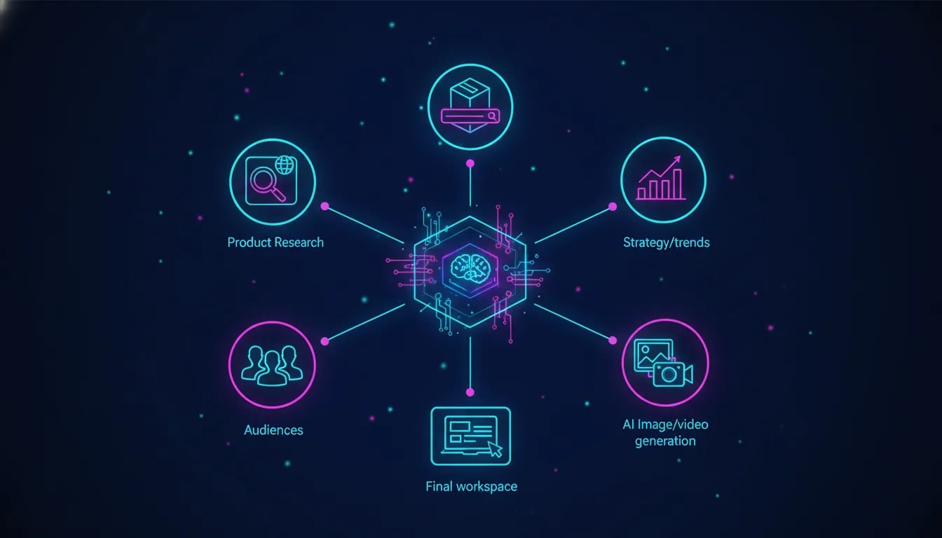 Abstract high-tech illustration of an AI assistant connecting product research, audience insights, strategy, AI image and video generation, and a final editable workspace into one automated content pipeline.