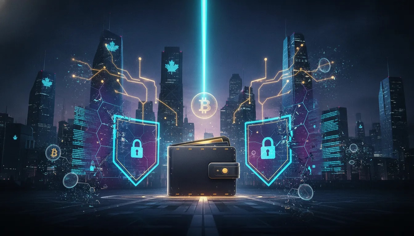 Futuristic illustration showing AI scanning for crypto and cybersecurity vulnerabilities with a glowing hardware wallet, encrypted shields, and a dramatic attempted theft.