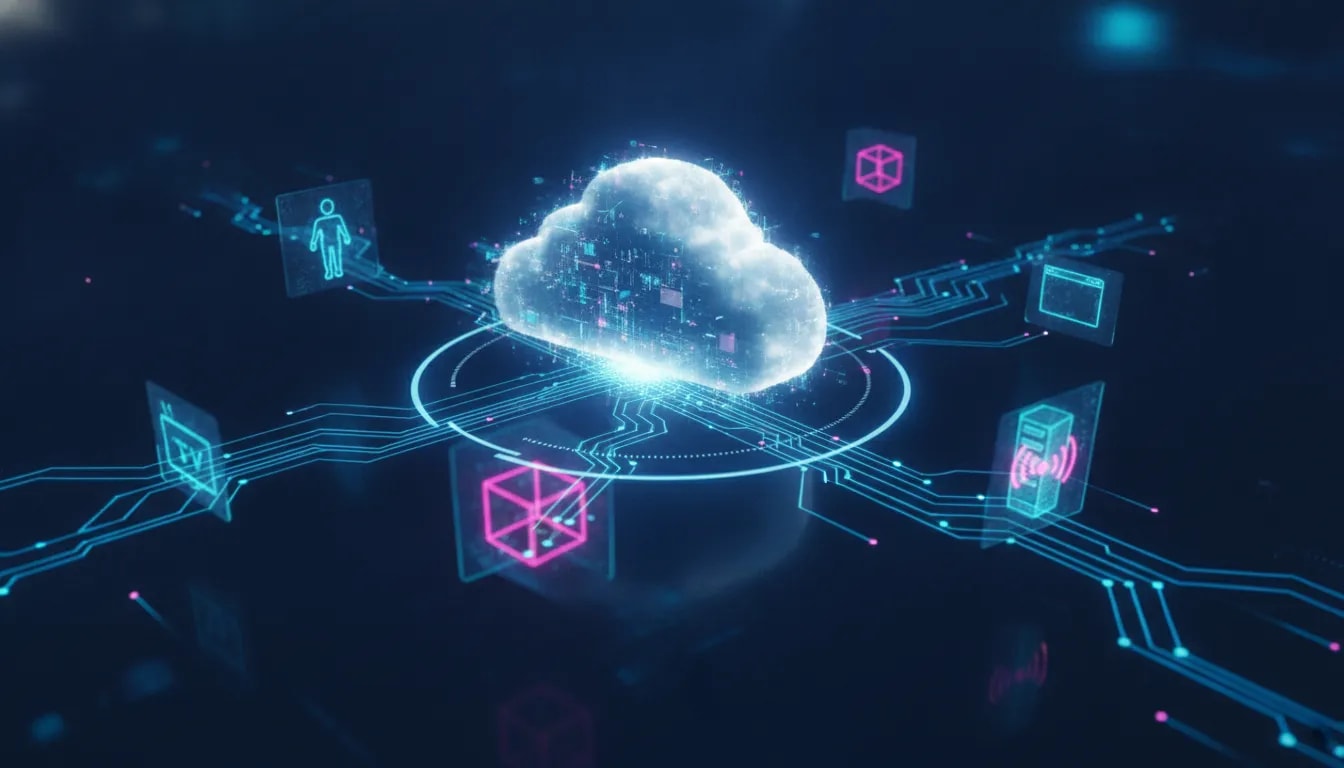 Futuristic cloud computing scene symbolizing Claude Fable 5 and a supercomputer running AI apps, agents, games, and servers continuously, with continuous looping motion effects and holographic tech icons.