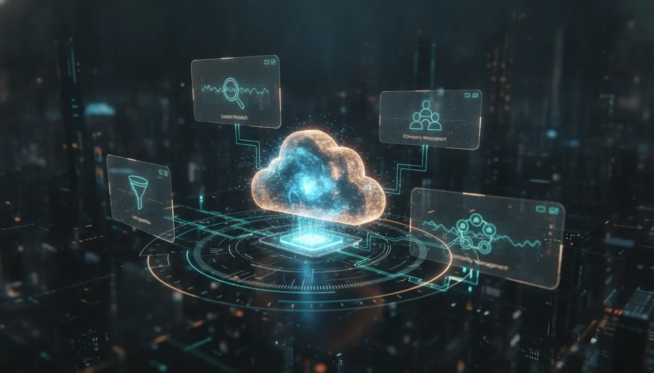 Futuristic holographic cloud computer core with linked automation modules representing 24/7 AI operations for business tasks, shown with flowing light connections and circuit effects.