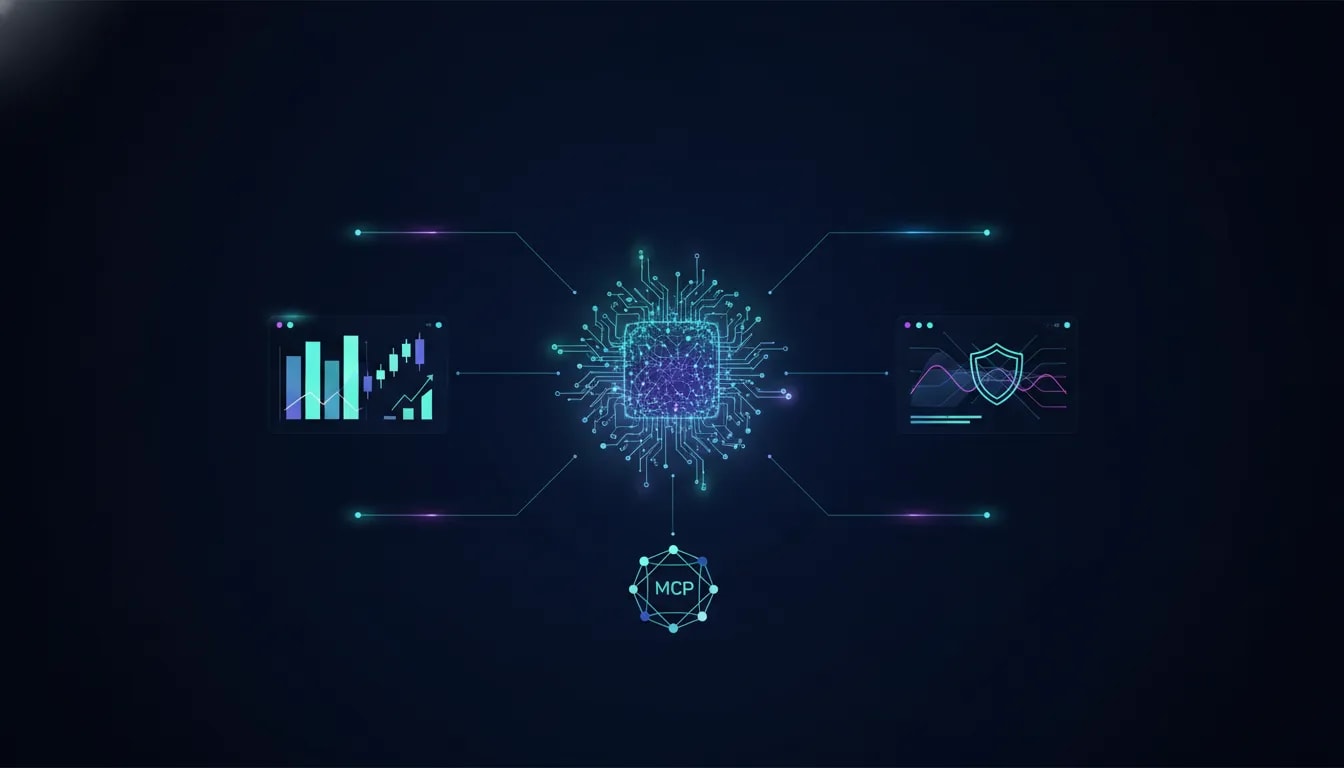 Illustration of an AI trading assistant connected to portfolio analytics, live market data, and risk/order workflows via server and network connections, with abstract stock and options visuals and no text.