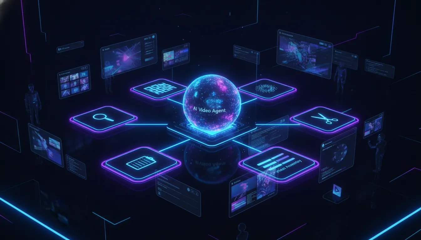 Futuristic illustration of an AI video agent workflow in a single connected workspace, showing planning, storyboard, asset generation, video assembly, and editing in a unified visual system with no text.