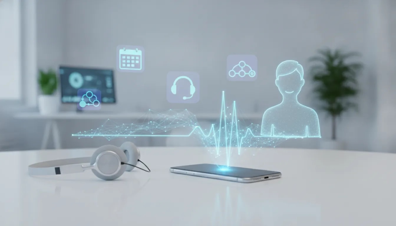 Futuristic office scene showing a smartphone and headset with glowing AI voice waveforms and holographic scheduling and support icons representing an AI phone agent