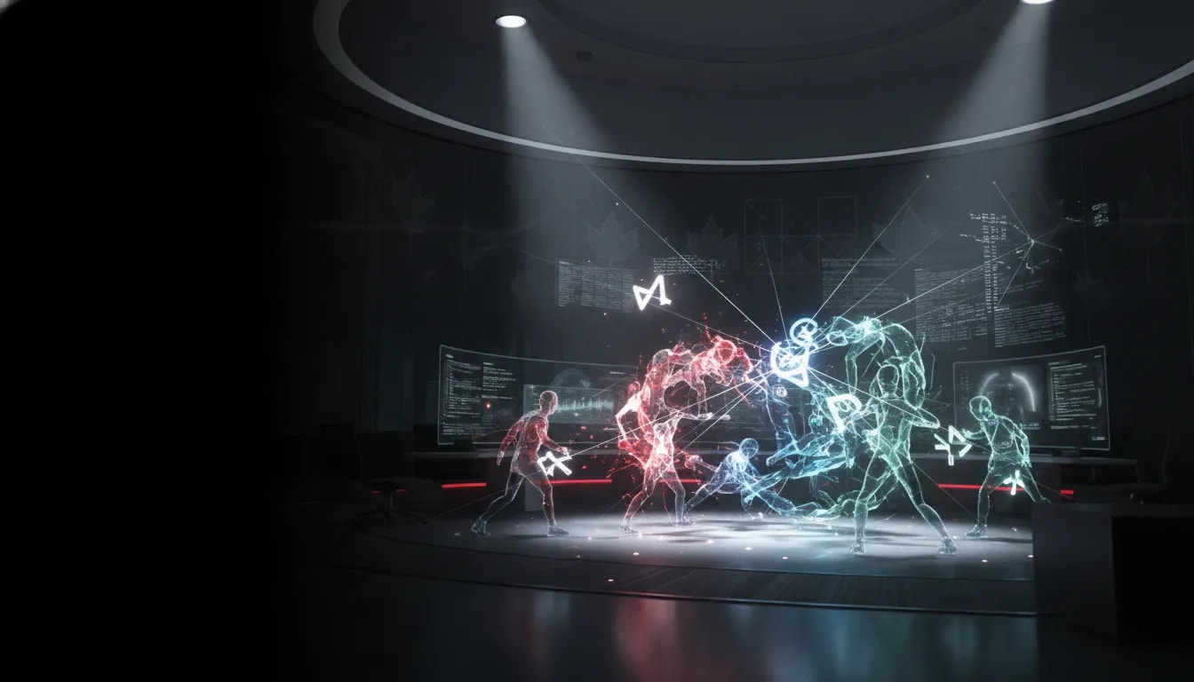 Futuristic Canadian tech office scene showing multiple holographic AI agents clashing in an alarming escalating conflict, with no text.