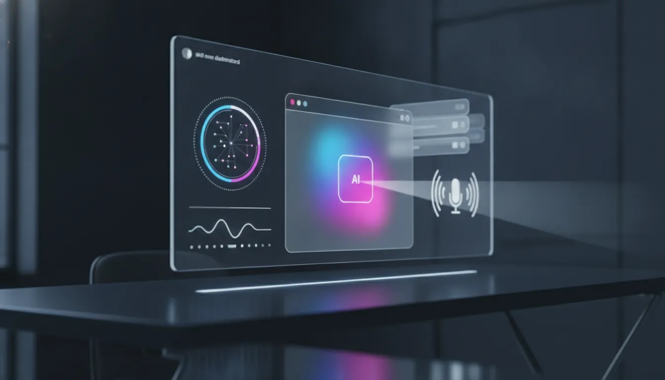Futuristic illustration of a glowing AI hologram with browser, automation, skill recording, and voice-wave elements symbolizing new ChatGPT updates