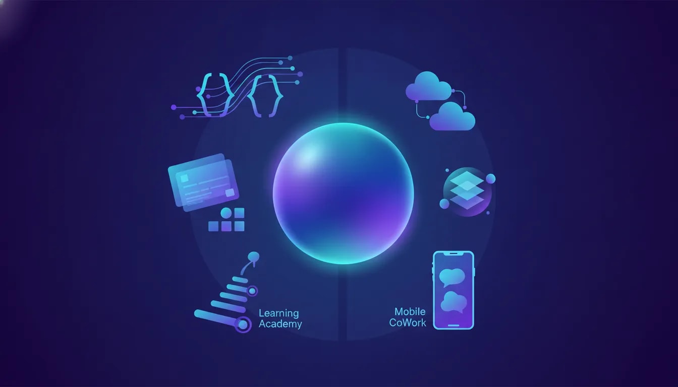Futuristic illustration of an AI core surrounded by visual symbols for code, design, cloud connectors, memory management, learning, and mobile work—no text.