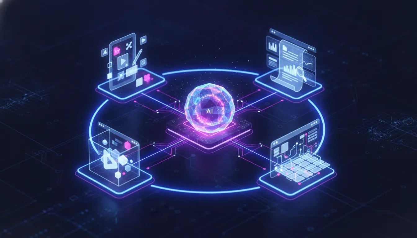 Futuristic holographic AI system showing data streams connecting notebook, document analysis, interactive 3D game, and spreadsheet canvas dashboard icons—representing Google Gemini 3.7 Flash and related use cases.