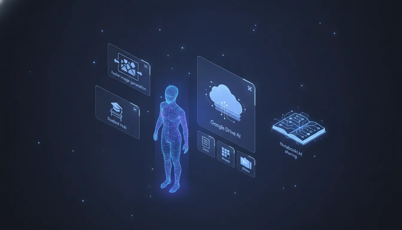 Futuristic illustration showing an AI assistant integrated with learning and productivity tools, with holographic icons representing document, spreadsheet, presentation, cloud storage, and notebook sharing.