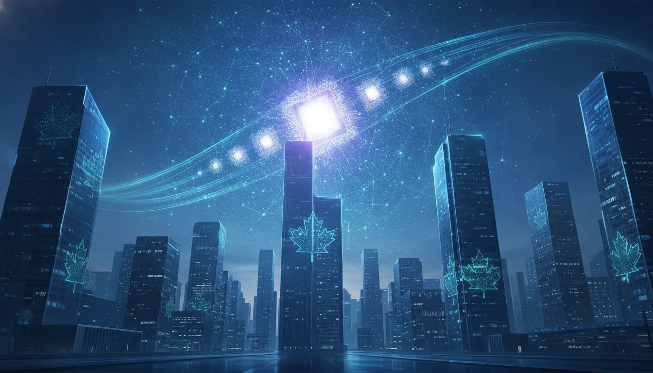 Futuristic AI network converging into a glowing core over a Canadian city skyline, symbolizing a new AI frontier and narrowing gaps between top models.