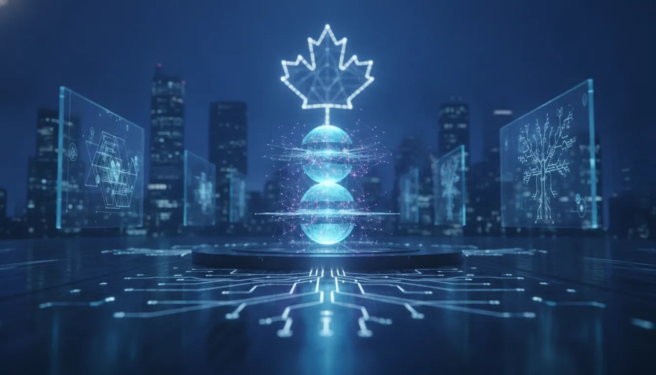 Futuristic holographic math and computing visualization showing glowing geometric sphere-packing forms and logic-like network pathways with a subtle light-maple silhouette, no text.