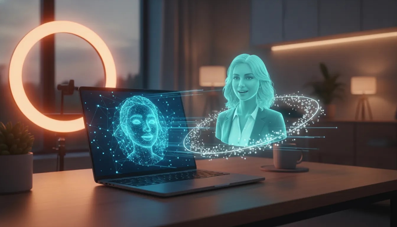 Photorealistic tech scene of a creator using a laptop and holographic projection to generate a realistic talking AI avatar quickly, with studio lighting and motion light effects.