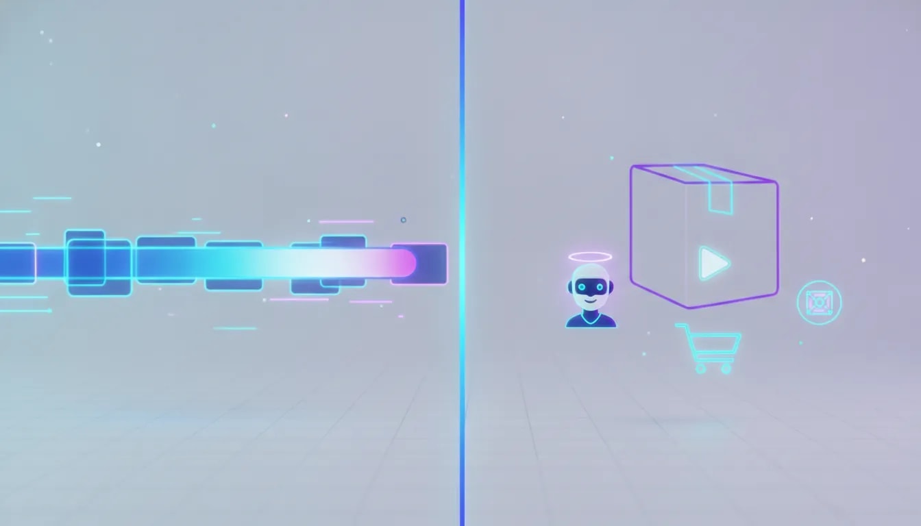 Futuristic split-screen illustration showing seamless AI video generation for consistent product ads, with e-commerce elements and an AI avatar, no text.