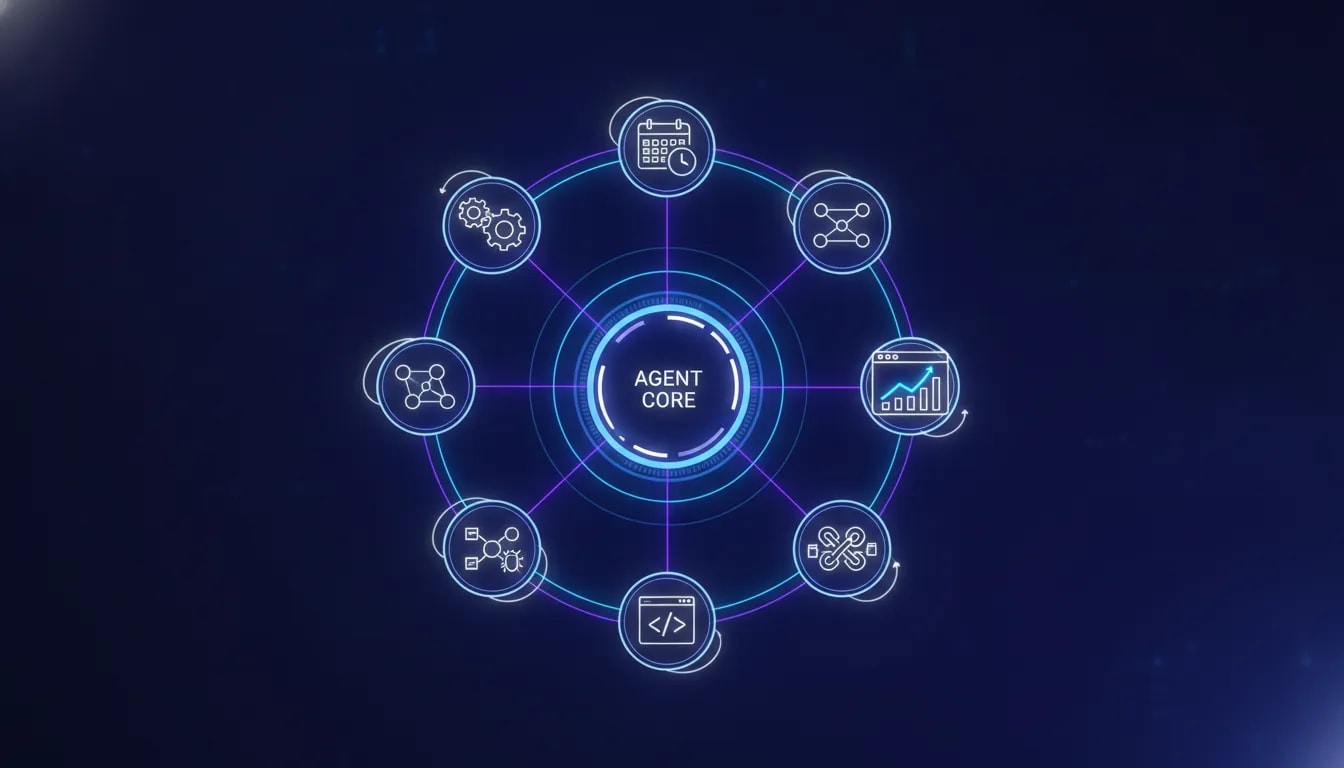Illustration of self-improving 24/7 AI agents connecting tools, running automated workflows, and improving KPIs over time.