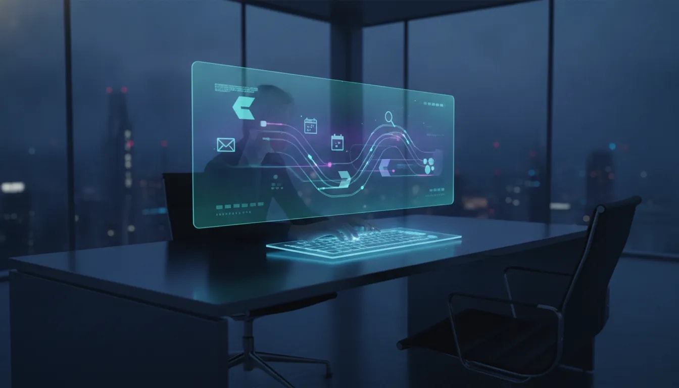 Futuristic holographic dashboard over a desk showing abstract icons representing automated weekly workflows handled by an AI agent, with light trails indicating recurring task automation