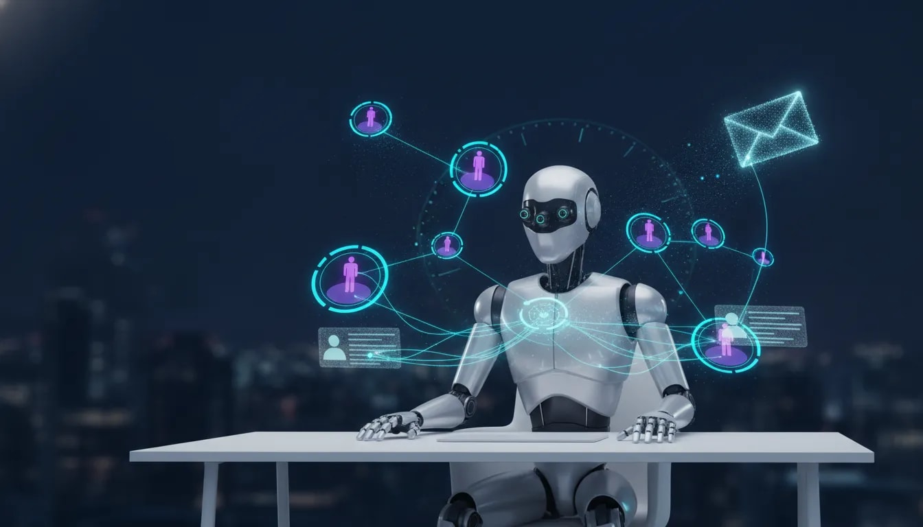 Futuristic AI agent automating client prospecting, lead enrichment, and personalized outreach at night with glowing data streams across a business network