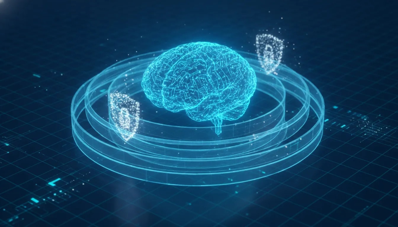Futuristic AI brain with glowing circuit loops and a cybersecurity shield motif, symbolizing inspectability challenges in advanced AI systems.