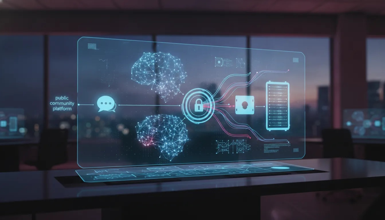 Futuristic holographic network showing AI agents and glowing connections from a public platform to a secure vault, symbolizing AI-powered cybersecurity risk and vulnerability testing