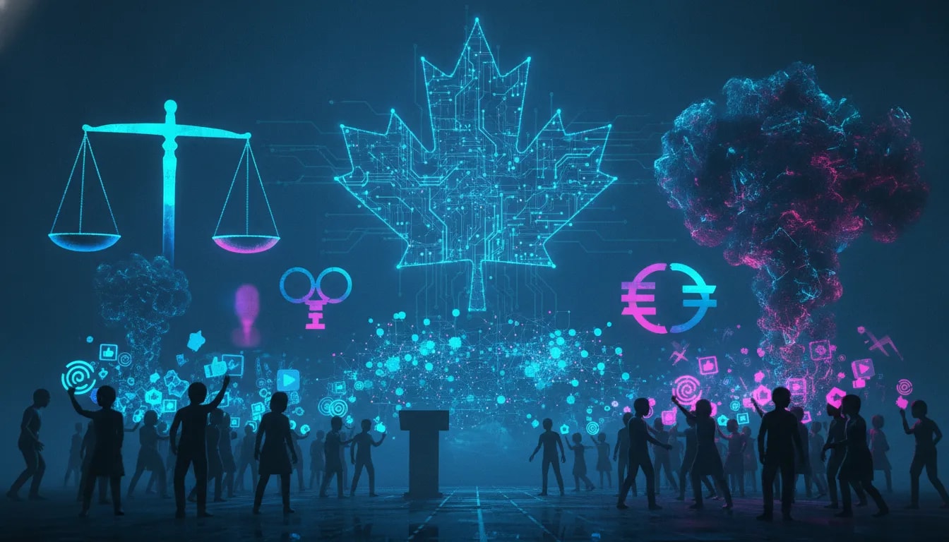 Editorial illustration showing AI safety panic as a glowing social-media cloud over a Canadian tech network, with abstract media, political influence, and a balance scale representing scrutiny.