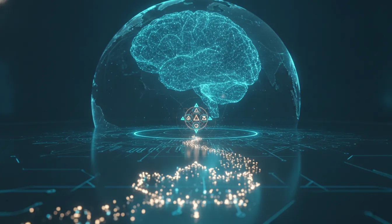 Futuristic holographic brain and digital network imagery symbolizing a first glimpse of AGI in a cinematic editorial scene