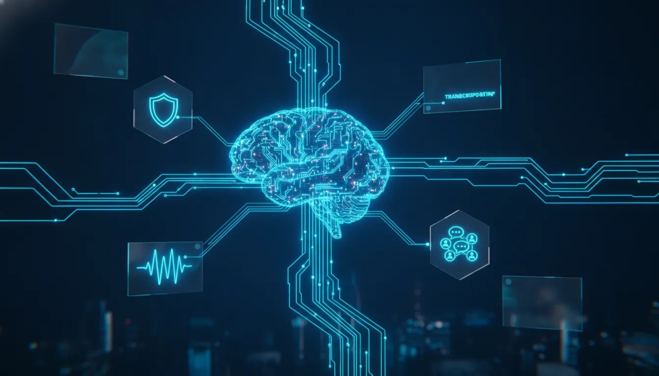Futuristic AI network illustration showing fast Gemini model upgrades with connected nodes, cybersecurity shielding, and live automation signals.