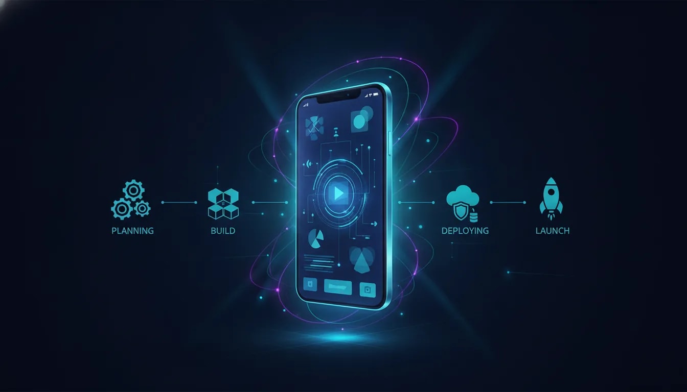 Illustration of a smartphone with abstract AI connections and graphical launch elements symbolizing no-code AI mobile app building and publishing.