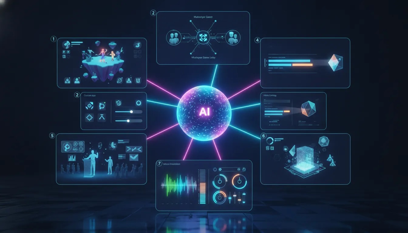 Futuristic illustration showing seven interconnected AI use cases—interactive game worlds, custom apps, video editing, consulting presentations, 3D real-estate mockups, and music production—linked by a central glowing AI core with no text.