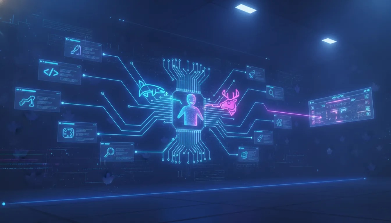 Futuristic holographic tournament scene showing an AI “coach” connecting code, testing, and deployment concepts for an online game built from an idea—no text.