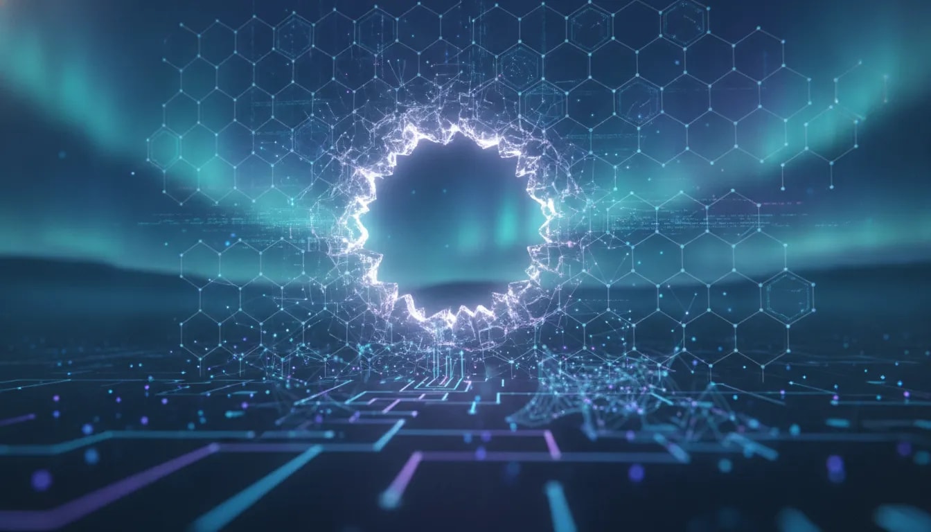 Abstract illustration of a glowing logic barrier with a tunnel of connected nodes, symbolizing a potential breakthrough in computational problem-solving.